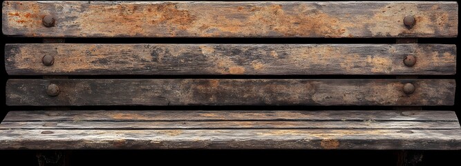 65. Worn wooden bench with visible grain and weathered texture