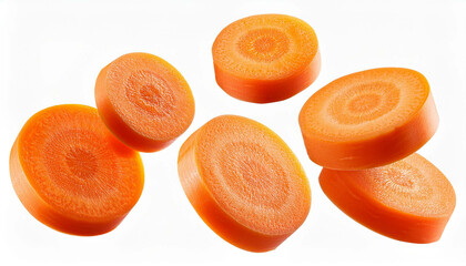 several carrot slices falling on a white background, full field