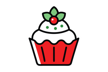 Christmas holiday cupcake vector line art, clipart illustration with isolated on white background