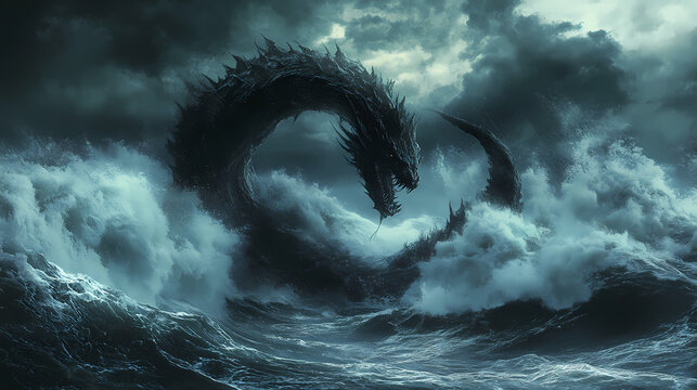 Sea serpent emerging from stormy ocean, powerful waves, dark and gothic, fantasy and mythology. Stormy Sea. Illustration