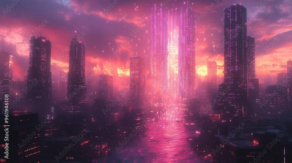 Wall mural cyberpunk cityscape cascading purple binary code raining over neonlit skyscrapers merging digital an