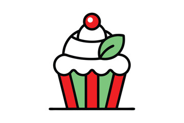 Christmas holiday cupcake vector line art, clipart illustration with isolated on white background
