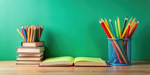Colorful study setup with books and pencils ready for learning, colorful, study, setup, books, pencils, learning, education
