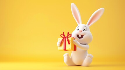 Obraz premium A cartoon rabbit with a present in front of a yellow background.