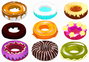 Sweet doughnuts. Cartoon donuts with different toppings, doughnut pastry dessert food set. Top view delicious sweet desserts donut with chocolate glaze and sprinkles. Donuts glazed dessert collection.