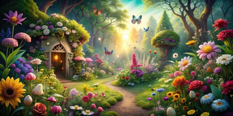 Enchanting whimsical garden with vibrant flowers, fairies , magical, fantasy, garden, colorful, whimsical,enchanting
