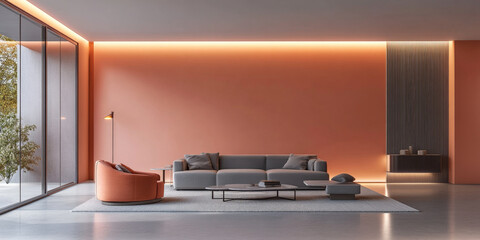 A 3D interior with light coral walls, offset by cool gray furniture. Subtle lighting adds warmth and depth to the modern, minimalist design.