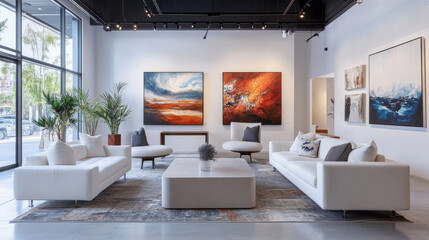 Contemporary Living Room with Abstract Art and White Couches.
