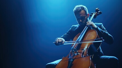 Fototapeta premium a man engrossed in playing the cellos, positioned to the left of the frame against a solid light blue background