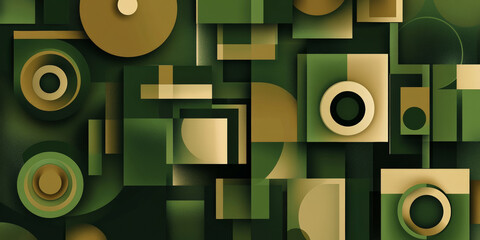 A rich green and brown geometric background with layered squares and circles, forming a nature-inspired abstract design.