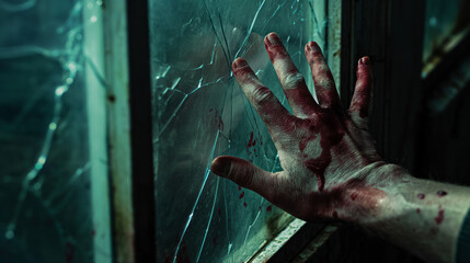 Zombie hands clawing at a cracked window with blood smudges and eerie shadows for a chilling effect
