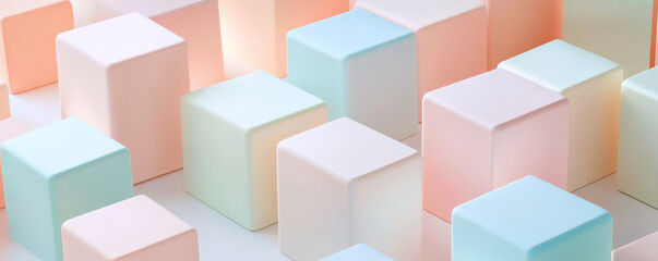 Obraz premium A grid of pastel-colored cubes arranged perfectly on a smooth white surface, with soft lighting adding a modern, minimalistic touch.