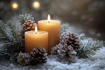 Two Lit Candles Amidst Snowy Pine Branches and Pine Cones