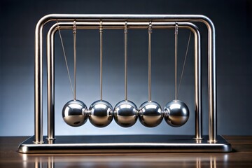 Newton's cradle pendulum balls in motion with metallic reflection and blue gradient background