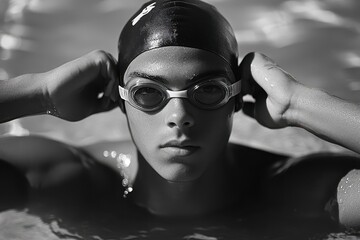 Swimmer in pool adjusting goggles and cap