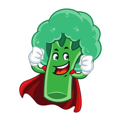 Cartoon superhero broccoli character with cape. Healthy food, vegetarianism concept.