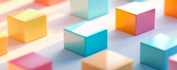 Naklejka premium A minimalist design of colorful cubes arranged symmetrically on a smooth, light surface, with clean shadows and bright reflections.