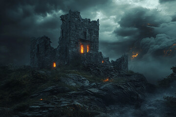 Fototapeta premium A cursed castle with crumbling stone walls, eerie glowing lights inside, and dark storm clouds swirling overhead.