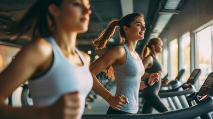 Women Exercising on Treadmills at the Gym.