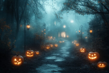 A spooky forest with glowing jack-o'-lanterns lining a misty pathway, leading to a haunted house in the distance.