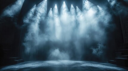 dramatic spotlit stage with billowing fog empty performance space creates sense of anticipation cinematic lighting deep shadows theatrical atmosphere