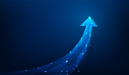 3d business arrow growth to target low poly wireframe on blue background. startup and achievement. vector illustration fantastic technology.