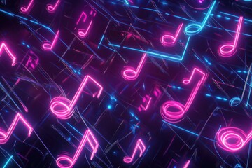 Bright neon musical notes on a dark abstract background