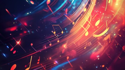 Colorful luminous music notes on a dynamic abstract scene