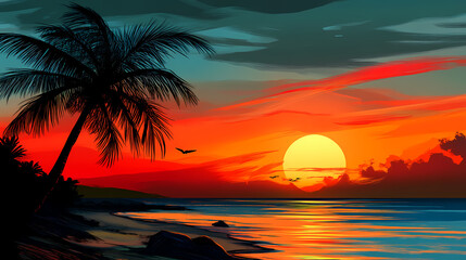 Sunset beach with palm tree silhouette. Sunset Beach. Illustration