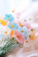 flowers white cloth blue background soft blur yellow flower arrangements splash dream sunny shapes