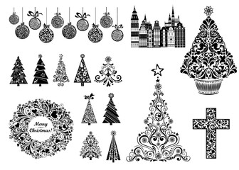 Set of christmas icons. Holiday symbol. Xmas icons collection. Christmas decoration set - lots of calligraphic elements, bits and pieces to embellish your holiday layouts.  Happy New Year. vector 