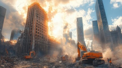 dramatic urban renewal scene with a partially demolished building construction equipment and workers against a backdrop of modern skyscrapers