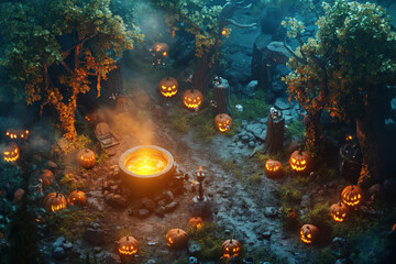 Obraz premium A haunted forest clearing with a bubbling cauldron, twisted trees, and jack-o'-lanterns scattered around.