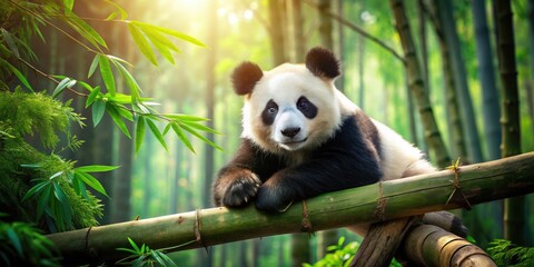 Obraz premium Adorable panda resting on a tree branch in a lush bamboo forest , cute, wildlife, black and white, endangered, soft