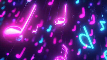 Glowing neon music notes floating in a dark abstract space