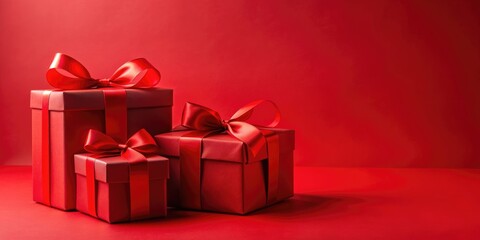 Obraz premium red gift boxes with matching red ribbons on a vibrant red background , gift boxes, red,ribbons, vibrant, background