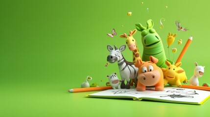 Fototapeta premium A group of adorable 3D cartoon animals, including a zebra, giraffe, and hippo, gather around an open coloring book on a vibrant green background. The scene exudes creativity and playfulness, perfect