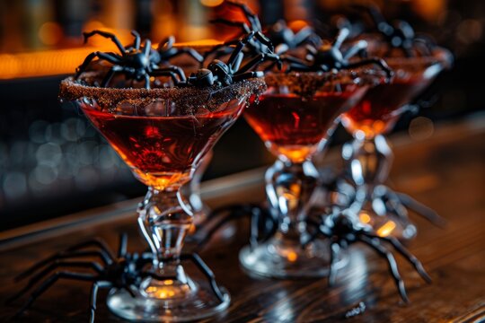 Spooky halloween cocktails with spider decorations