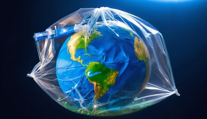 The Earth encapsulated within a clear plastic bag, showing the planet suffocating inside, highlighting the environmental threat posed by plastic waste