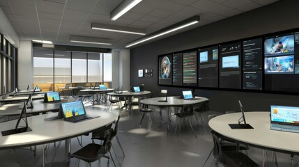 Modern Classroom with Large Screens and Laptops.