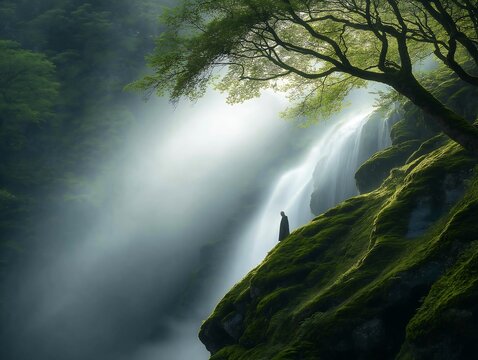 man standing cliff overlooking waterfall magical tree inspiring zen woman black robes place still offset