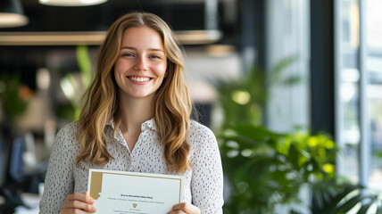 A smiling employee in a professional setting, holding a certificate or award