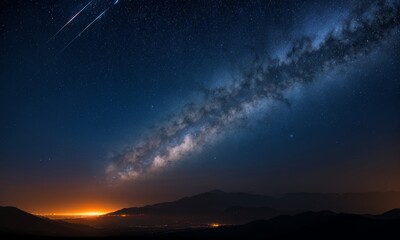 Milky Way and Shooting Stars Over Mountain Horizon
