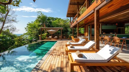 Fototapeta premium Wooden terrace with chairs and swimming pool in luxury contemporary house AI generated image