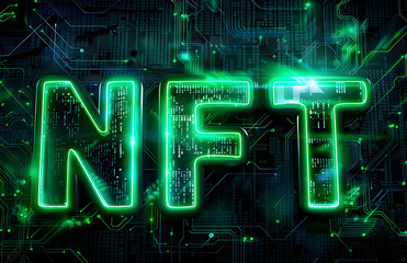 This modern blockchain technology inspired NFT digital artwork features a futuristic design with glowing green aesthetics, appealing to tech enthusiasts and art collectors