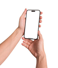 Hand using smartphone with blank screen isolated on white background. Concepts for business finance, Concept technology, Concept product advertising and Concept marketing. Image high quality for your 