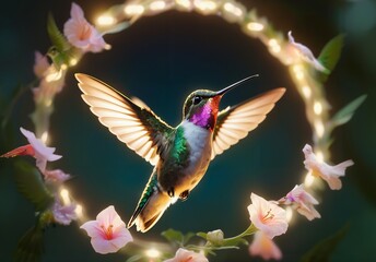 Fototapeta premium A hummingbird surrounded by a halo of soft, glowing light, symbolizing the delicate and fast-moving nature of optimism