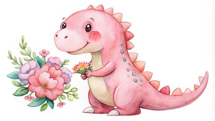 Obraz premium Watercolor of a cute pink dinosaur holding a flower bouquet, watercolor,cute, pink, dinosaur, flower, bouquet, prehistoric