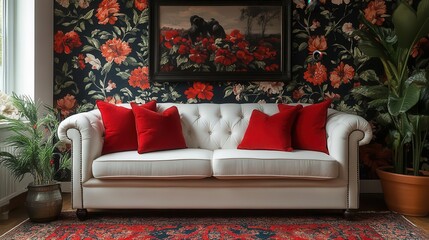 eclectic living room interior featuring a crisp white sofa adorned with bold red pillows vintage floral wallpaper adds character mix of modern and retro elements creates visual interest