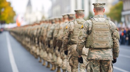 Fototapeta premium A row of military personnel in camouflage uniforms during a parade, showcasing discipline and unity.